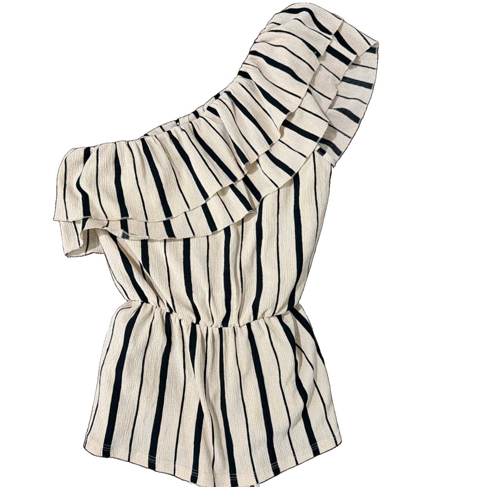 Maeve Romper One Shoulder Ruffle Small Cream Black Striped Summer Boho Chic